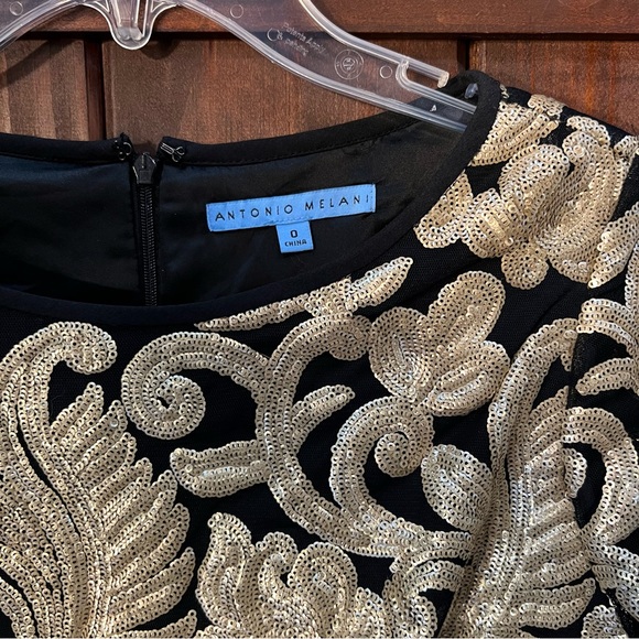 NWT Antonio Melani Black Gold Leaf Pattern Embroidered Sequin Sheath Dress - Picture 5 of 6
